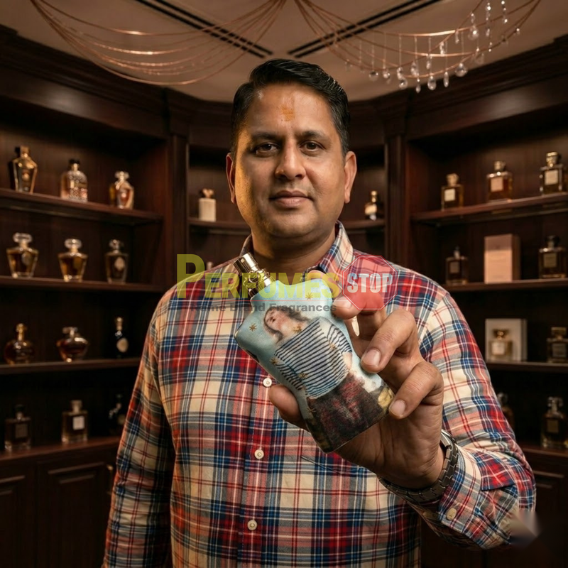 "Perfumes Stop owner holding a bottle of Jean Paul Gaultier Le Male EDT EDITION LIMITEE Spray 4.2oz / 125ml."