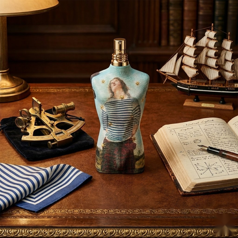 "Jean Paul Gaultier Le Male EDT EDITION LIMITEE Spray 4.2oz / 125ml blue torso-shaped perfume bottle displayed on a wooden table."