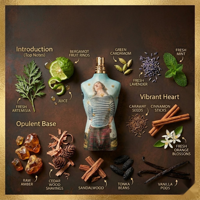 "Jean Paul Gaultier Le Male perfume bottle displayed with fragrance ingredients and decorative accessories."