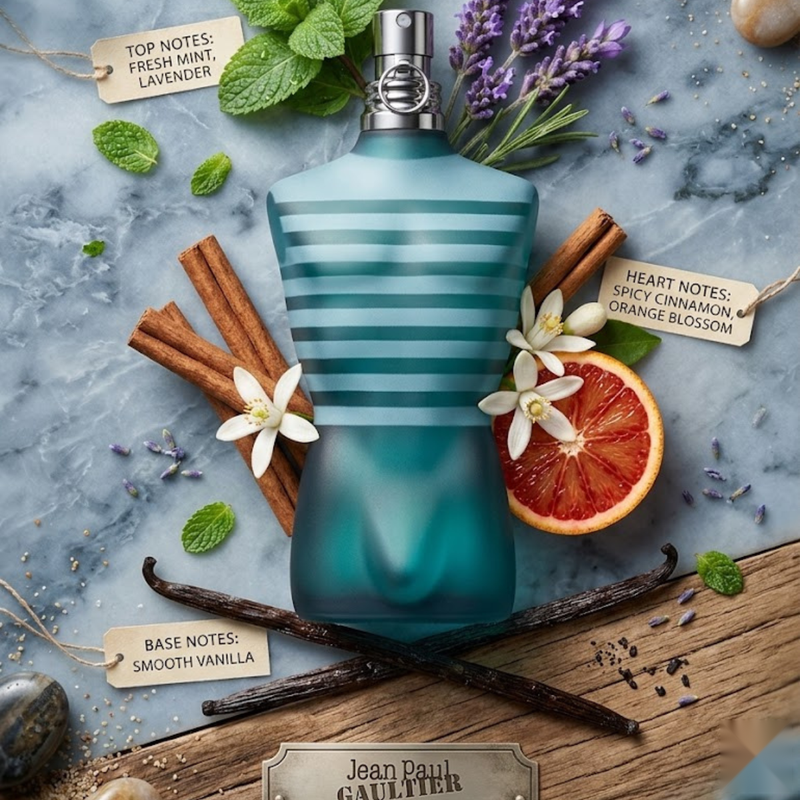 "Jean Paul Gaultier Le Male perfume bottle displayed with citrus fruits, lavender and decorative fragrance ingredients."