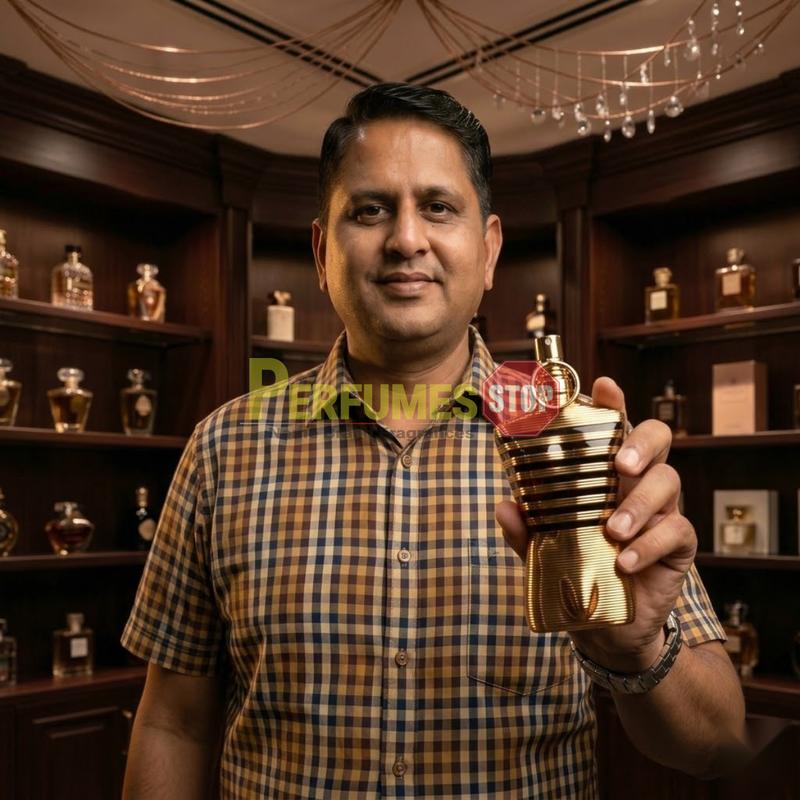 "Perfumes Stop owner holding a bottle of Jean Paul Gaultier Le Male Elixir Parfum Spray 2.5 oz / 75ml."