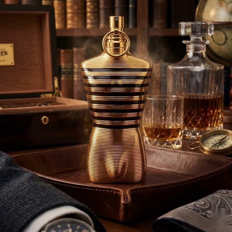 "Jean Paul Gaultier Le Male Elixir Parfum Spray 2.5 oz / 75ml gold perfume bottle displayed on a wooden table."