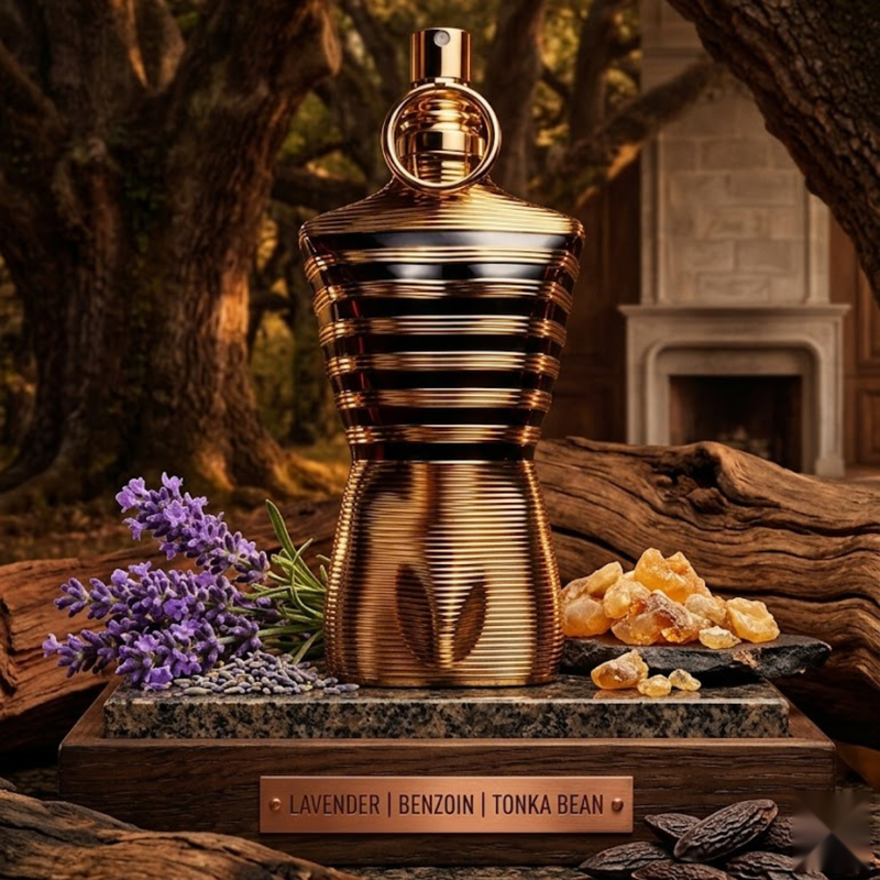 "Jean Paul Gaultier Le Male Elixir perfume bottle displayed with lavender and decorative fragrance accessories."