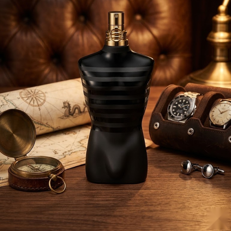 "Jean Paul Gaultier Le Male Le Parfum EDP Intense Spray 4.2oz / 125ml black perfume bottle displayed on a wooden table."