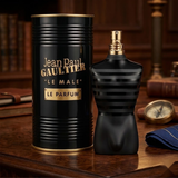 "Jean Paul Gaultier Le Male Le Parfum EDP Intense Spray 4.2oz / 125ml black perfume bottle and matching black cylindrical box."