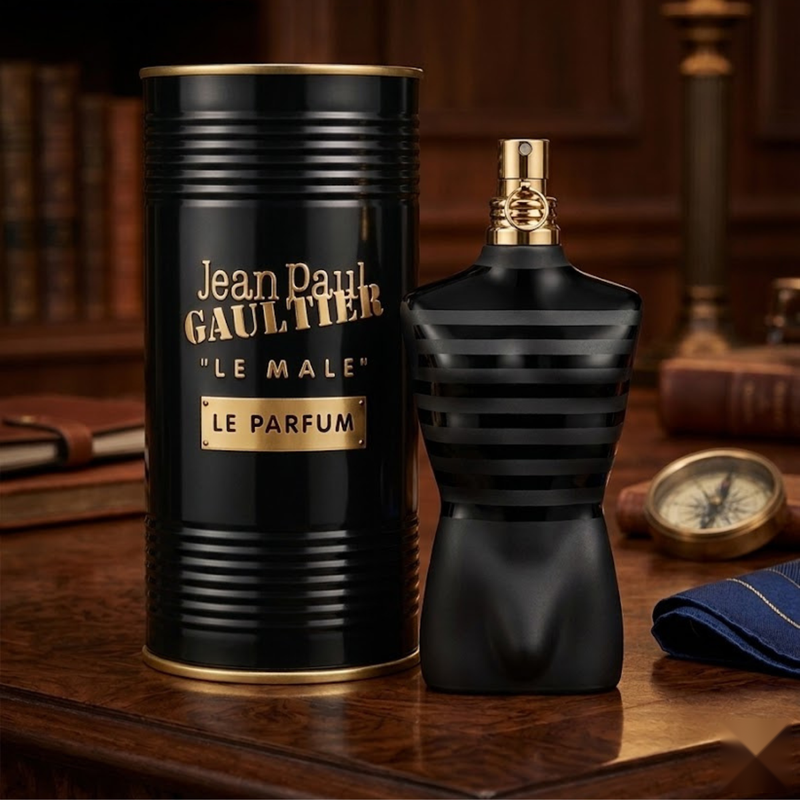 "Jean Paul Gaultier Le Male Le Parfum EDP Intense Spray 4.2oz / 125ml black perfume bottle and matching black cylindrical box."