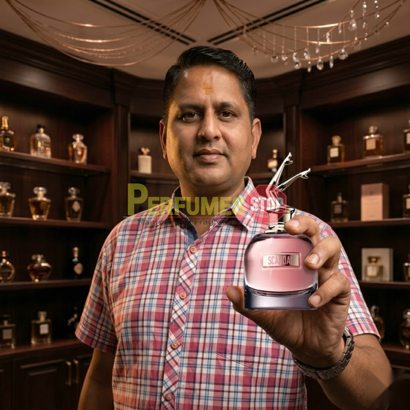 "Perfumes Stop owner holding a bottle of Jean Paul Gaultier Scandal EDP Spray 2.7oz / 80ml."