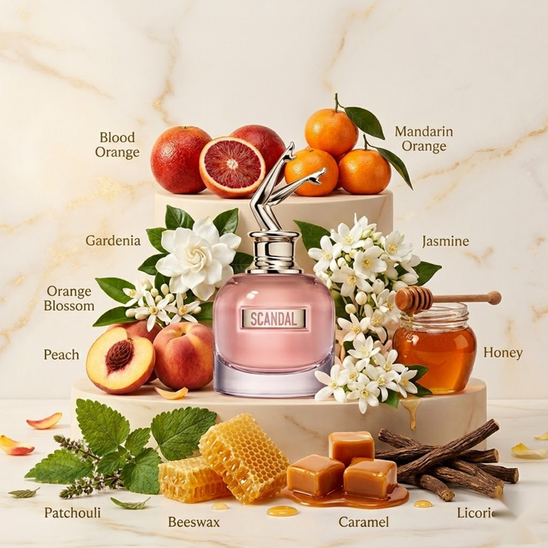 "Jean Paul Gaultier Scandal perfume bottle displayed with citrus fruits, flowers and decorative fragrance ingredients."