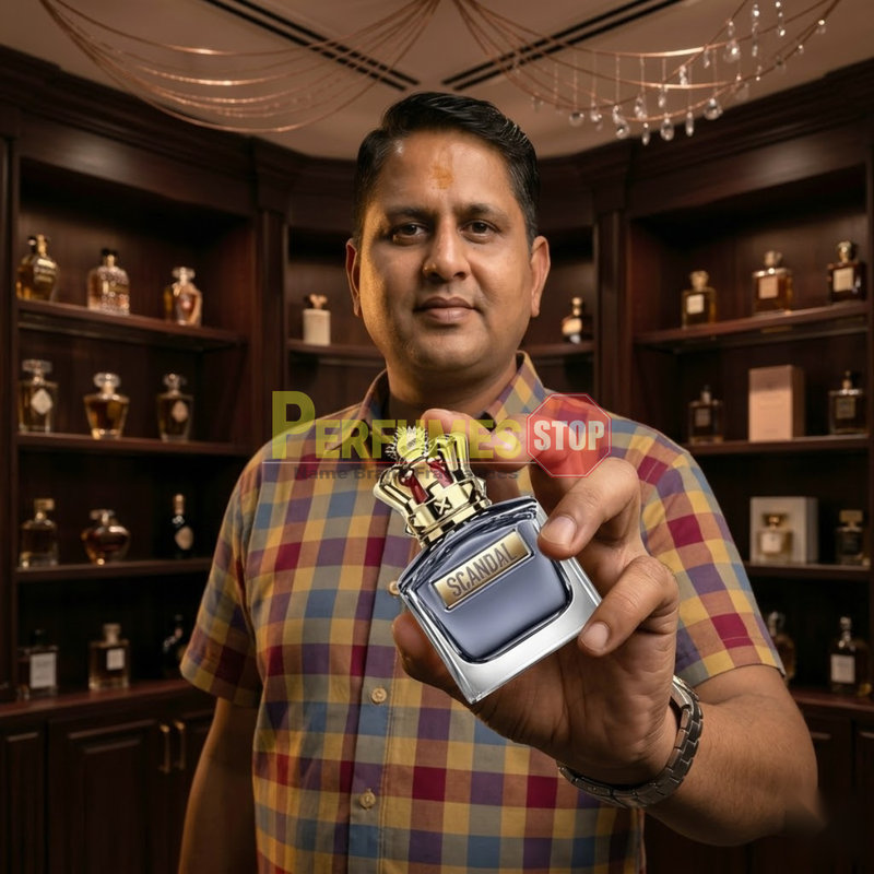 "Perfumes Stop owner holding a bottle of Jean Paul Gaultier Scandal EDT Pour Homme Spray 3.4oz / 100ml."