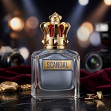 "Jean Paul Gaultier Scandal EDT Pour Homme Spray 3.4oz / 100ml perfume bottle with crown-shaped cap displayed against a decorative background.