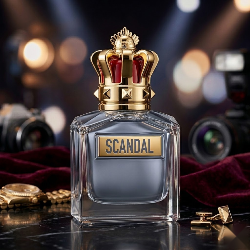 "Jean Paul Gaultier Scandal EDT Pour Homme Spray 3.4oz / 100ml perfume bottle with crown-shaped cap displayed against a decorative background.