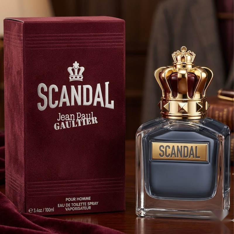 "Jean Paul Gaultier Scandal EDT Pour Homme Spray 3.4oz / 100ml perfume bottle with crown-shaped cap and matching burgundy box."