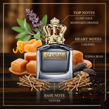 "Jean Paul Gaultier Scandal Pour Homme perfume bottle displayed with citrus fruits, flowers and decorative fragrance ingredients."
