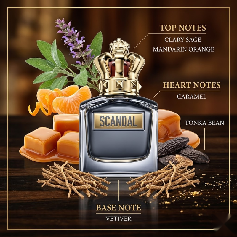 "Jean Paul Gaultier Scandal Pour Homme perfume bottle displayed with citrus fruits, flowers and decorative fragrance ingredients."