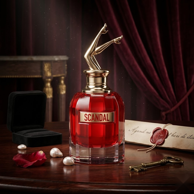 "Jean Paul Gaultier Scandal Le Parfum EDP Intense Spray 2.7oz / 80ml perfume bottle displayed in an elegant red and gold decorative setting.