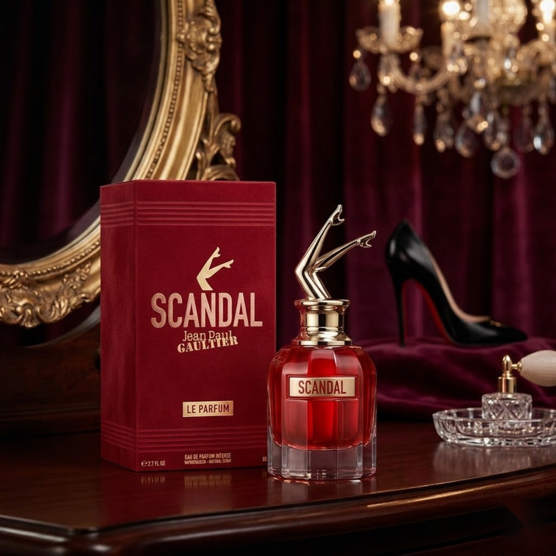 "Jean Paul Gaultier Scandal Le Parfum EDP Intense Spray 2.7oz / 80ml perfume bottle and matching red box with gold detailing."