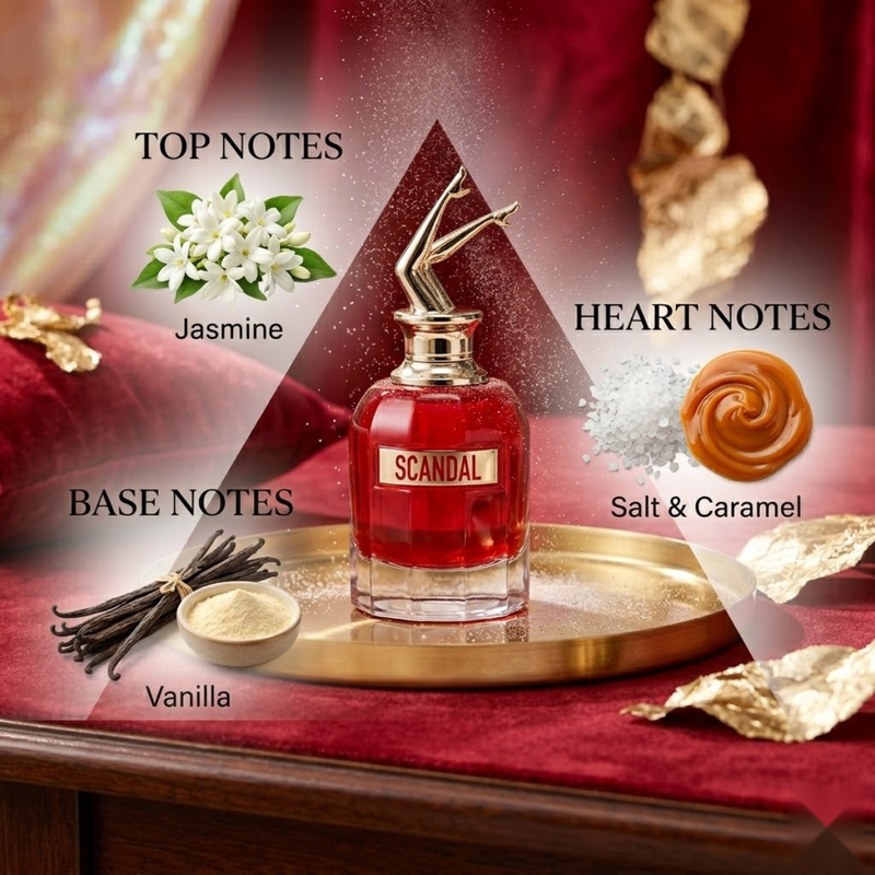 "Jean Paul Gaultier Scandal Le Parfum EDP Intense perfume bottle displayed with pink flowers, fruits and decorative fragrance ingredients."