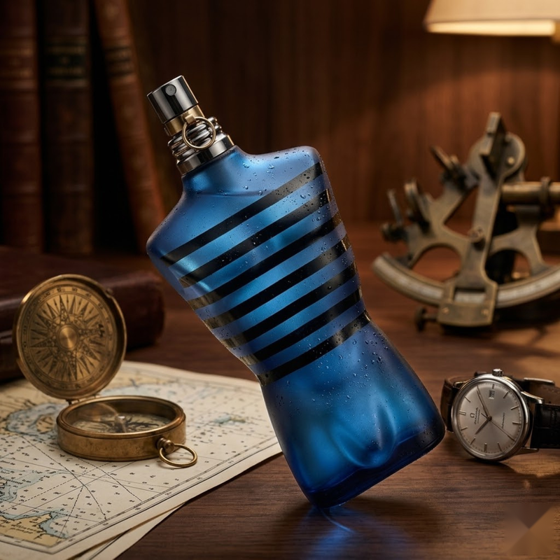 "Jean Paul Gaultier Ultra Male EDT Intense Spray 4.2oz / 125ml blue perfume bottle displayed with a wooden background."