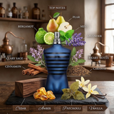 "Jean Paul Gaultier Ultra Male EDT Intense Spray 4.2oz / 125ml blue perfume bottle displayed with a wooden background."