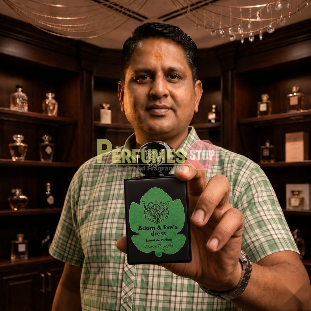 "Perfumes Stop owner holding a bottle of Lorenzo Pazzaglia Adam & Eve's Dress Extrait de Parfum"
