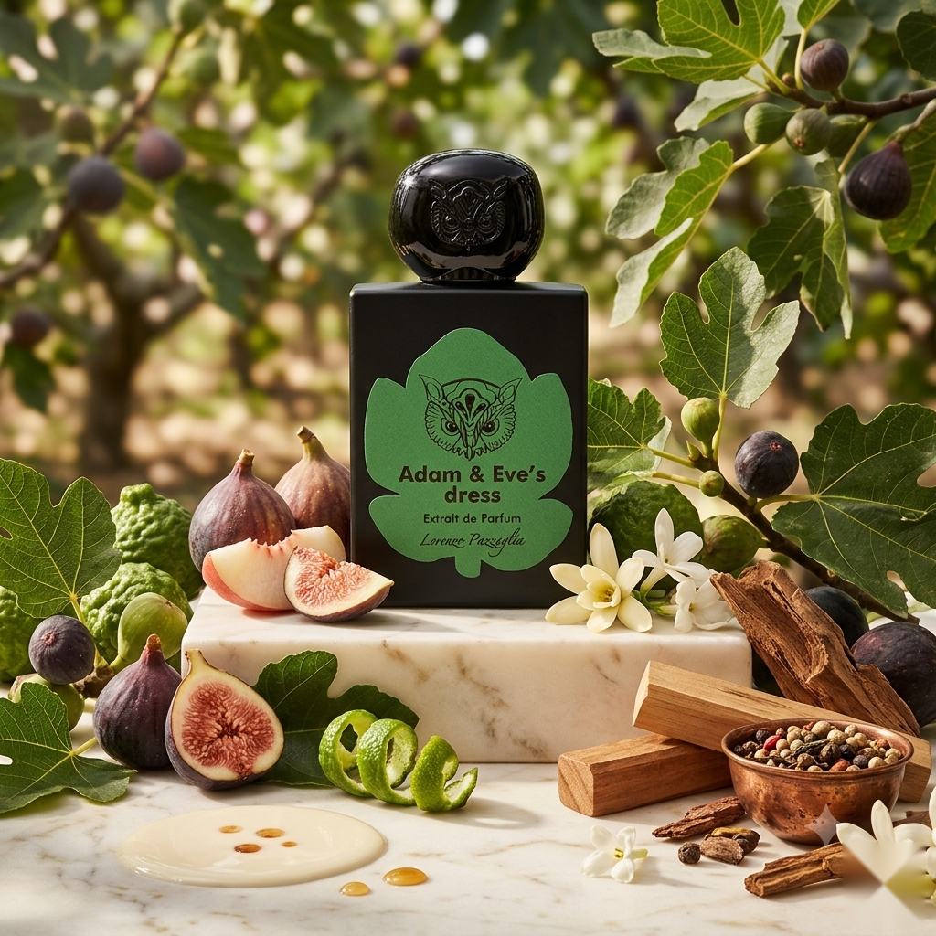 "A perfume bottle labeled 'Adam & Eve's Dress Extrait de Parfum' by Lorenzo Pazzaglia, styled with green fig, white peach, fig leaf, jasmine, tuberose, fig wood, fig milk, sandalwood, and musk against a natural green background with foliage and soft lighting."