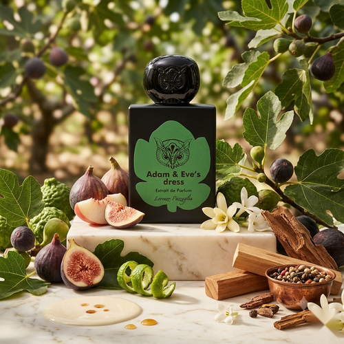 "A perfume bottle labeled 'Adam & Eve's Dress Extrait de Parfum' by Lorenzo Pazzaglia, styled with green fig, white peach, fig leaf, jasmine, tuberose, fig wood, fig milk, sandalwood, and musk against a natural green background with foliage and soft lighting."