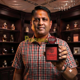 "Perfumes Stop owner holding a bottle of Lorenzo Pazzaglia Bloody Smoke Extrait de Parfum"