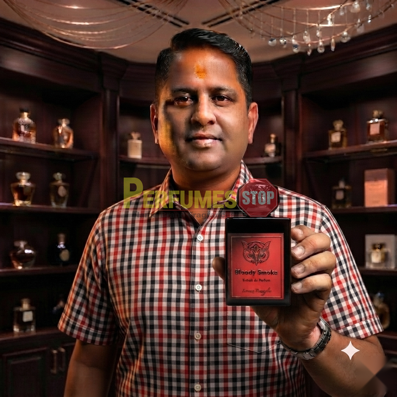 "Perfumes Stop owner holding a bottle of Lorenzo Pazzaglia Bloody Smoke Extrait de Parfum"