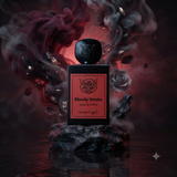 "A Lorenzo Pazzaglia Bloody Smoke perfume bottle with a black cap and red label, set against a dramatic dark background with smoke and red accents."