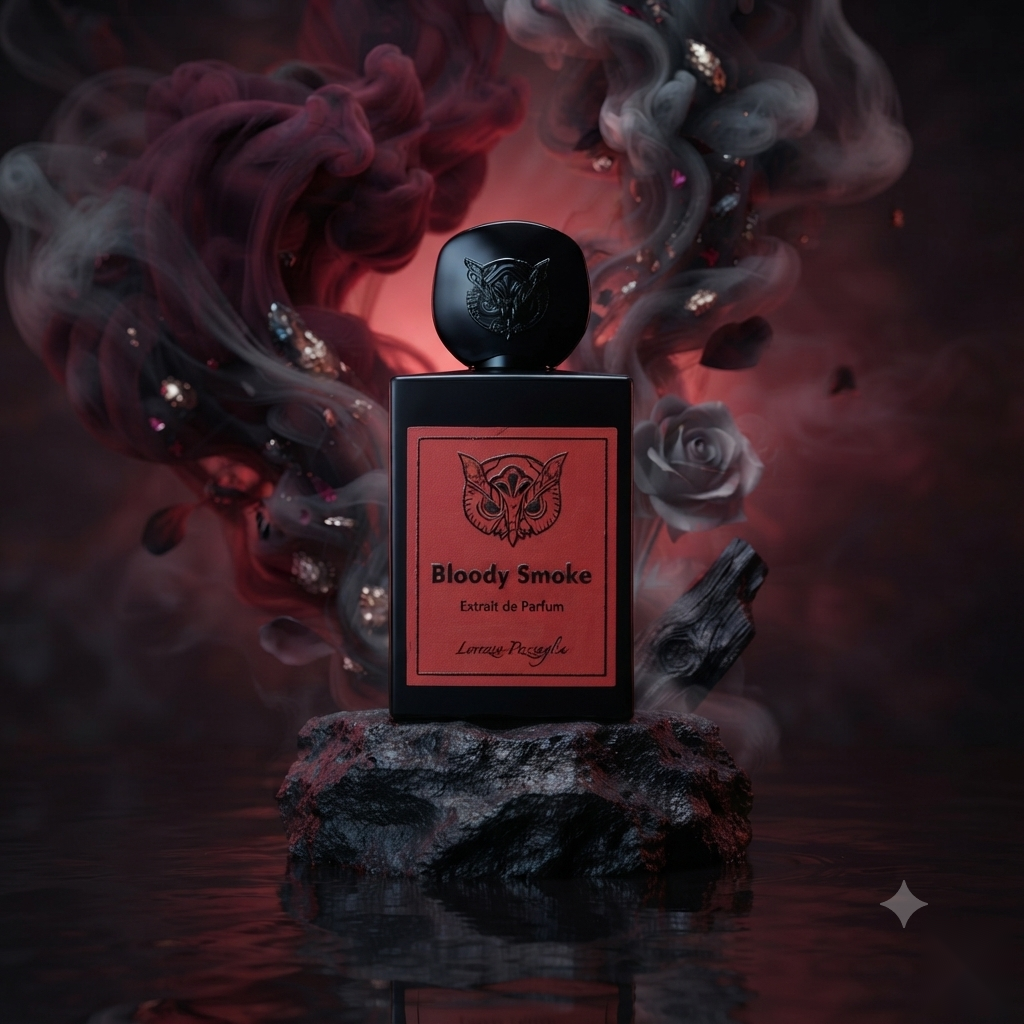 "A Lorenzo Pazzaglia Bloody Smoke perfume bottle with a black cap and red label, set against a dramatic dark background with smoke and red accents."