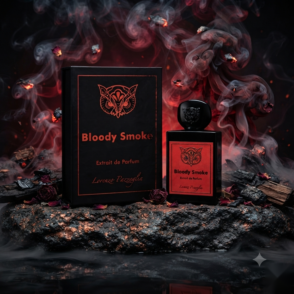 "A bottle of Lorenzo Pazzaglia Bloody Smoke Extrait de Parfum with its matching black packaging box, set against a dramatic dark background with red accents, smoke, and warm lighting."