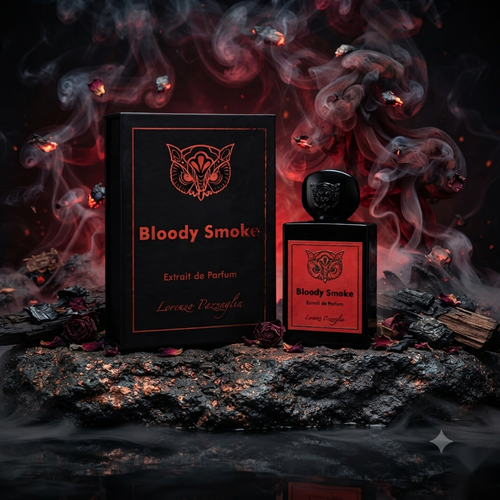 "A bottle of Lorenzo Pazzaglia Bloody Smoke Extrait de Parfum with its matching black packaging box, set against a dramatic dark background with red accents, smoke, and warm lighting."