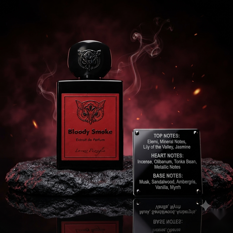 "A perfume bottle labeled 'Bloody Smoke' by Lorenzo Pazzaglia, styled with mineral notes, elemi, jasmine, lily of the valley, incense, frankincense, and other fragrance ingredients against a dramatic dark background with smoke and red accents."
