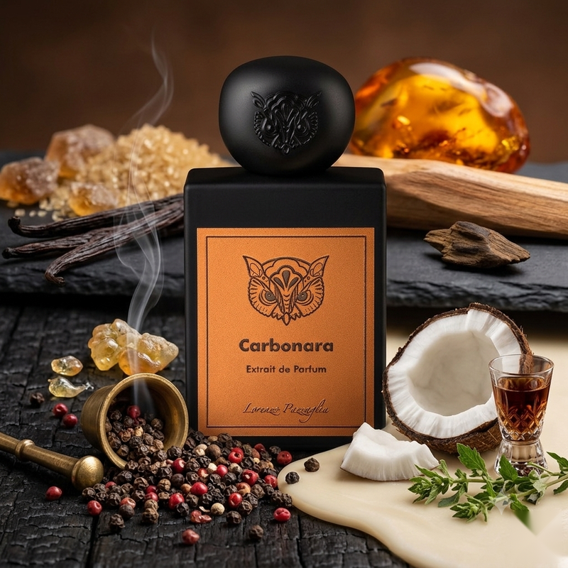 "A Lorenzo Pazzaglia Carbonara perfume bottle with a black cap and orange label, set against a dramatic dark background with smoke, coconut, and warm golden lighting."