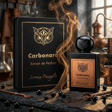 "A bottle of Lorenzo Pazzaglia Carbonara Extrait de Parfum with its matching black packaging box, set against a dark, elegant background with smoke, warm golden lighting, and a gourmet atmosphere."