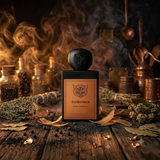 "A perfume bottle labeled 'Carbonara' by Lorenzo Pazzaglia, styled with pink pepper, black pepper, elemi, coconut, smoke, Malabar pepper, jasmine, davana, rum, and other fragrance ingredients against a dark, elegant background with warm golden lighting."