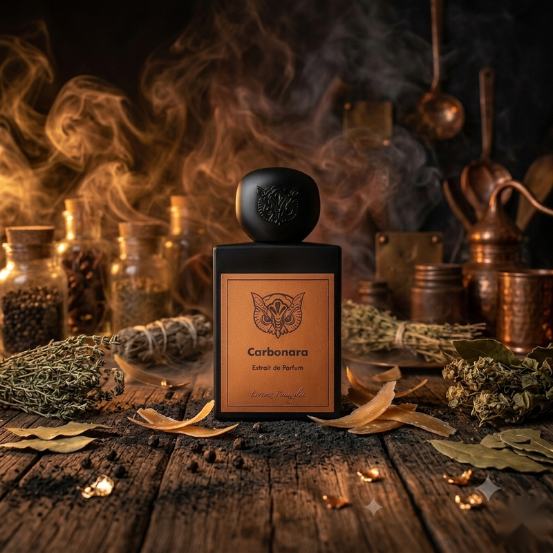 "A perfume bottle labeled 'Carbonara' by Lorenzo Pazzaglia, styled with pink pepper, black pepper, elemi, coconut, smoke, Malabar pepper, jasmine, davana, rum, and other fragrance ingredients against a dark, elegant background with warm golden lighting."