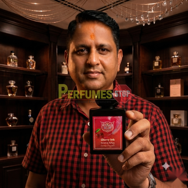"Perfumes Stop owner holding a bottle of Lorenzo Pazzaglia Cherry Ink Extrait de Parfum"