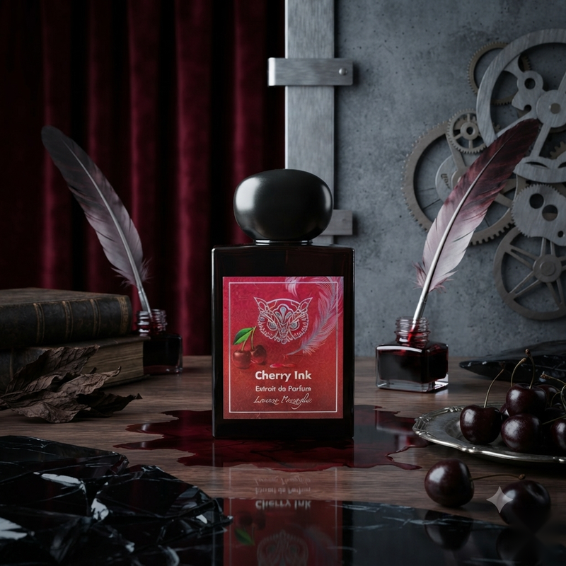 "A Lorenzo Pazzaglia Cherry Ink perfume bottle with a black cap and red label, set against a dramatic dark background with red accents and soft lighting."