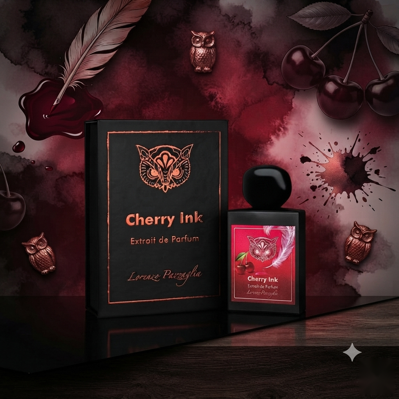 "A bottle of Lorenzo Pazzaglia Cherry Ink Extrait de Parfum with its matching black packaging box, set against a dramatic dark background with red cherry accents, ink, and soft lighting."
