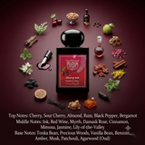 "A perfume bottle labeled 'Cherry Ink' by Lorenzo Pazzaglia, styled with juicy cherry, sour cherry, bergamot, black pepper, red wine, damask rose, jasmine, lily of the valley, and other fragrance ingredients against a dramatic dark background."