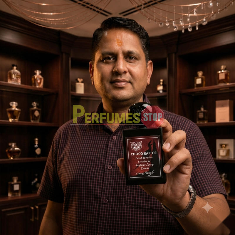 "Perfumes Stop owner holding a bottle of Lorenzo Pazzaglia Choco Raptor Extrait de Parfum"