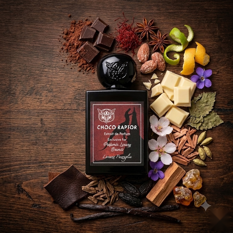 "A perfume bottle labeled 'Choco Raptor' by Lorenzo Pazzaglia, styled with grapefruit, bergamot, ginger, saffron, chocolate, candied almonds, anise, white chocolate, davana, almond blossom, violet, cardamom, and other fragrance ingredients against a dark, elegant background."