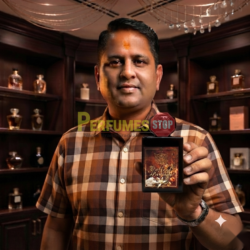 "Perfumes Stop owner holding a bottle of Lorenzo Pazzaglia Coffee Passion Extrait de Parfum"