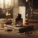 "A Lorenzo Pazzaglia Coffee Passion perfume bottle with a black cap and dark label, set against a warm, elegant background with coffee beans and soft natural lighting."