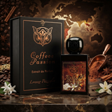 "A bottle of Lorenzo Pazzaglia Coffee Passion Extrait de Parfum with its matching black packaging box, set against a dark, elegant background with coffee beans, chocolate, and warm golden lighting."