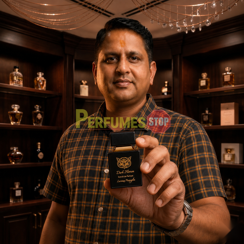 "Perfumes Stop owner holding a bottle of Lorenzo Pazzaglia Dark Florum Extrait de Parfum"