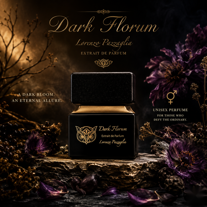 "A black Lorenzo Pazzaglia Dark Florum perfume bottle with a black cap and dark label, set against a dramatic dark background with purple flowers and warm golden lighting."