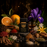 "A perfume bottle labeled 'Dark Florum' by Lorenzo Pazzaglia, styled with rosemary, pink pepper, petitgrain, elemi, lemon, bitter orange, saffron, cinnamon, clove, exotic fruits, neroli, jasmine, patchouli, and iris against a dramatic dark background with flowers and warm lighting."