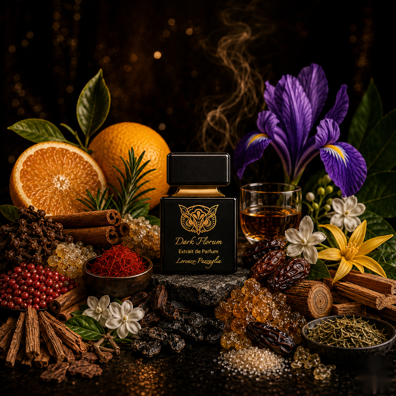 "A perfume bottle labeled 'Dark Florum' by Lorenzo Pazzaglia, styled with rosemary, pink pepper, petitgrain, elemi, lemon, bitter orange, saffron, cinnamon, clove, exotic fruits, neroli, jasmine, patchouli, and iris against a dramatic dark background with flowers and warm lighting."